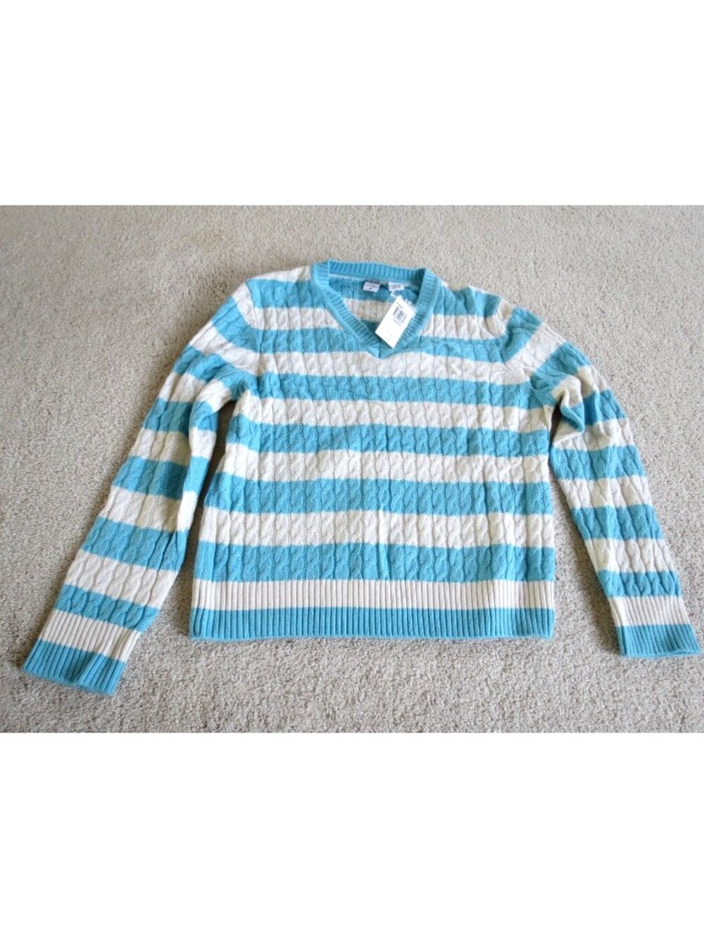 NWT Saks 5th Ave Real Clothes Silk Cashmere Cable Knit Sweater Blue White Large